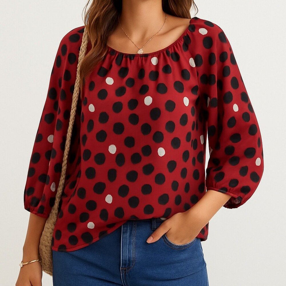 Monroe & Main Red Polka Dot Print Peasant Blouse L Sheer 3/4 Balloon Sleeve Top